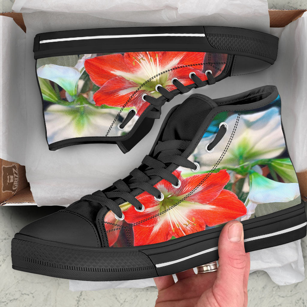 Amaryllis White And Red Print Black High Top Shoes-grizzshop