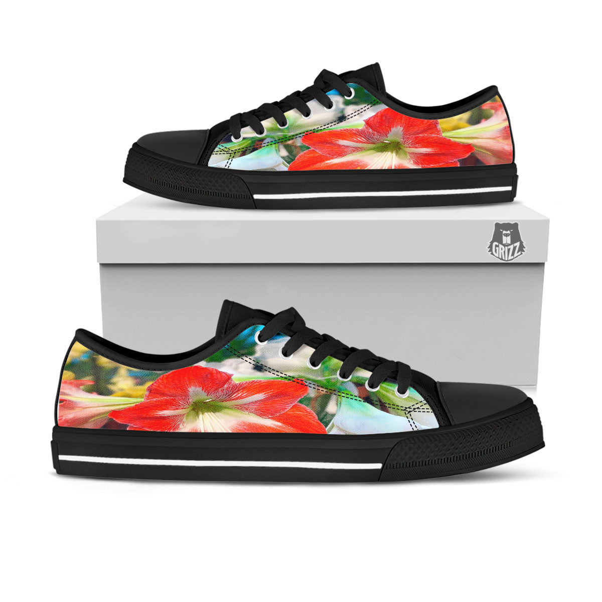 Amaryllis White And Red Print Black Low Top Shoes-grizzshop