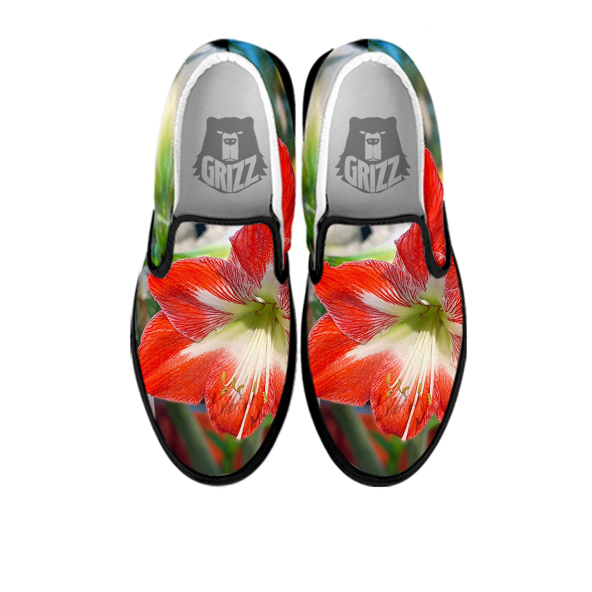 Amaryllis White And Red Print Black Slip On Shoes-grizzshop