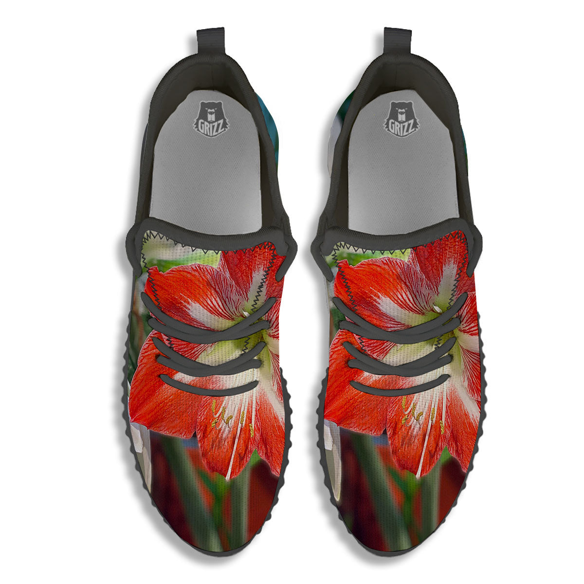Amaryllis White And Red Print Black Walking Shoes-grizzshop