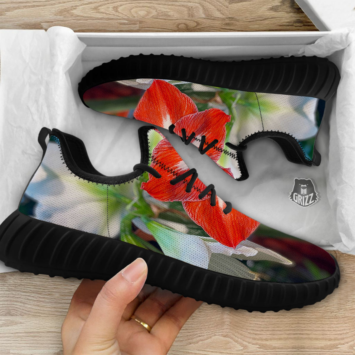 Amaryllis White And Red Print Black Walking Shoes-grizzshop