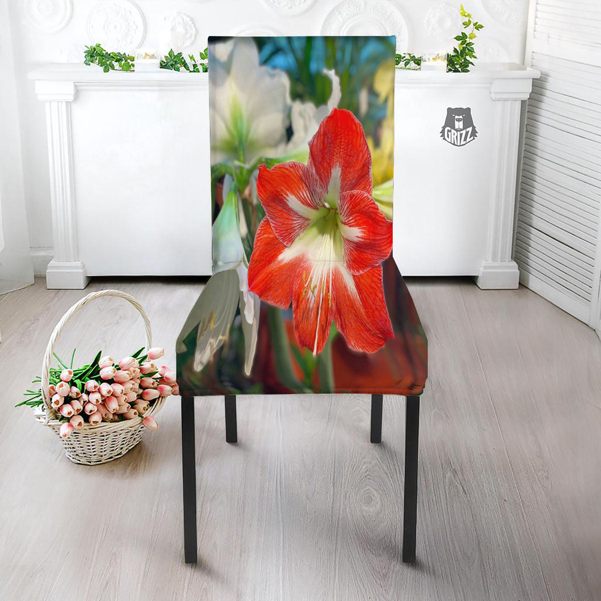 Amaryllis White And Red Print Dining Chair Slipcover-grizzshop