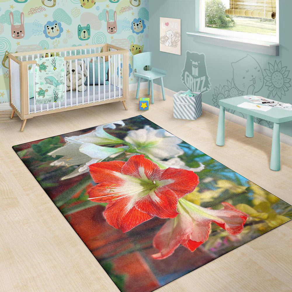 Amaryllis White And Red Print Floor Mat-grizzshop
