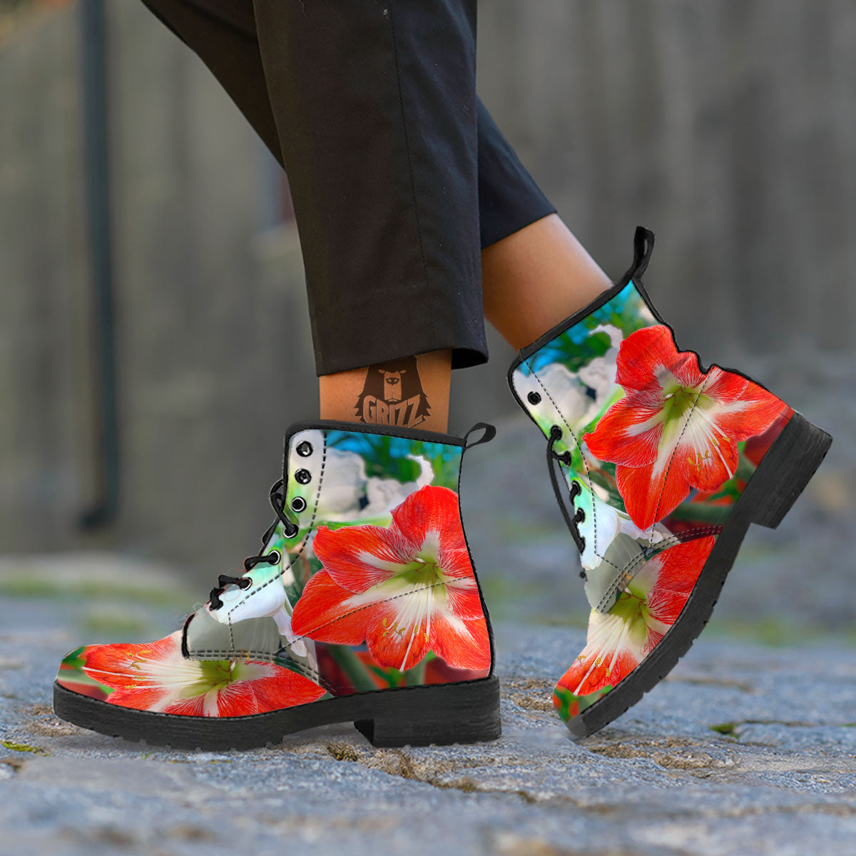 Amaryllis White And Red Print Leather Boots-grizzshop