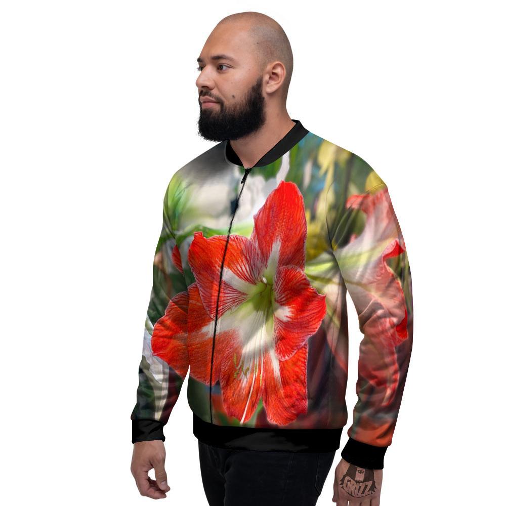 Amaryllis White And Red Print Men's Bomber Jacket-grizzshop