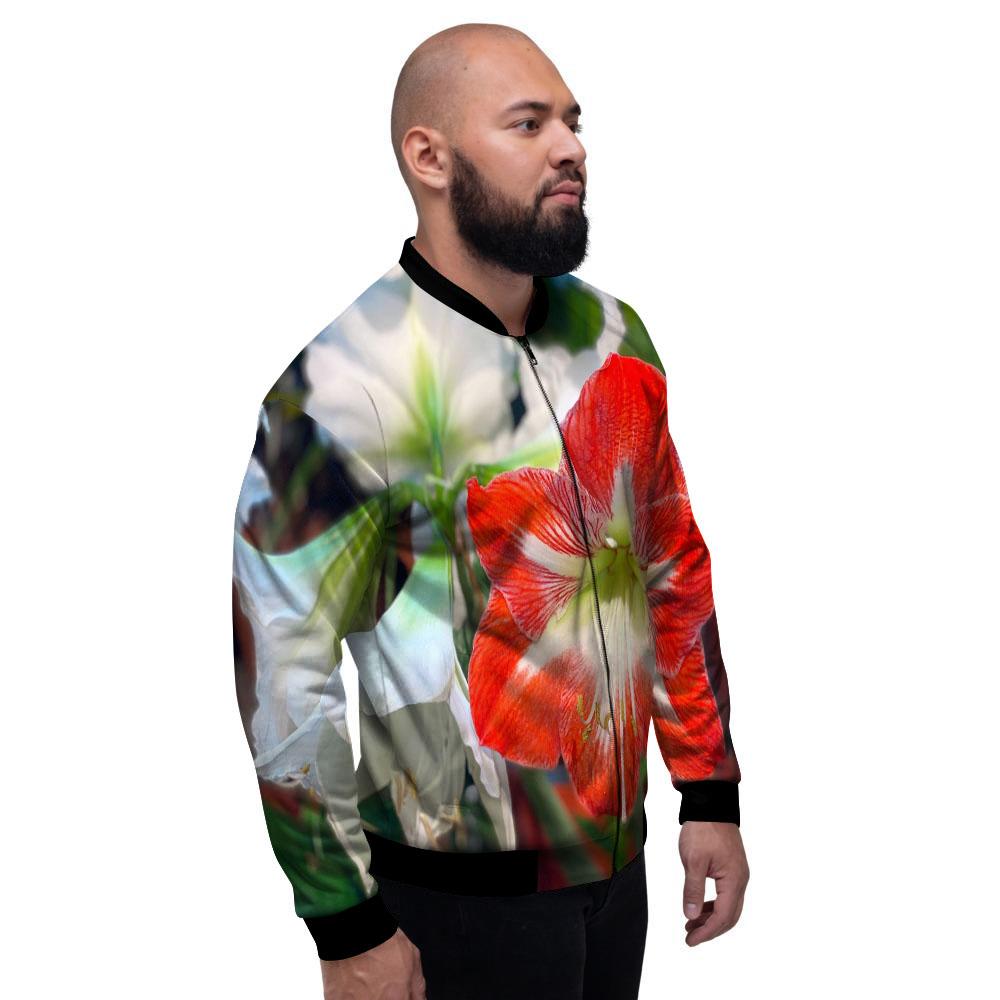 Amaryllis White And Red Print Men's Bomber Jacket-grizzshop