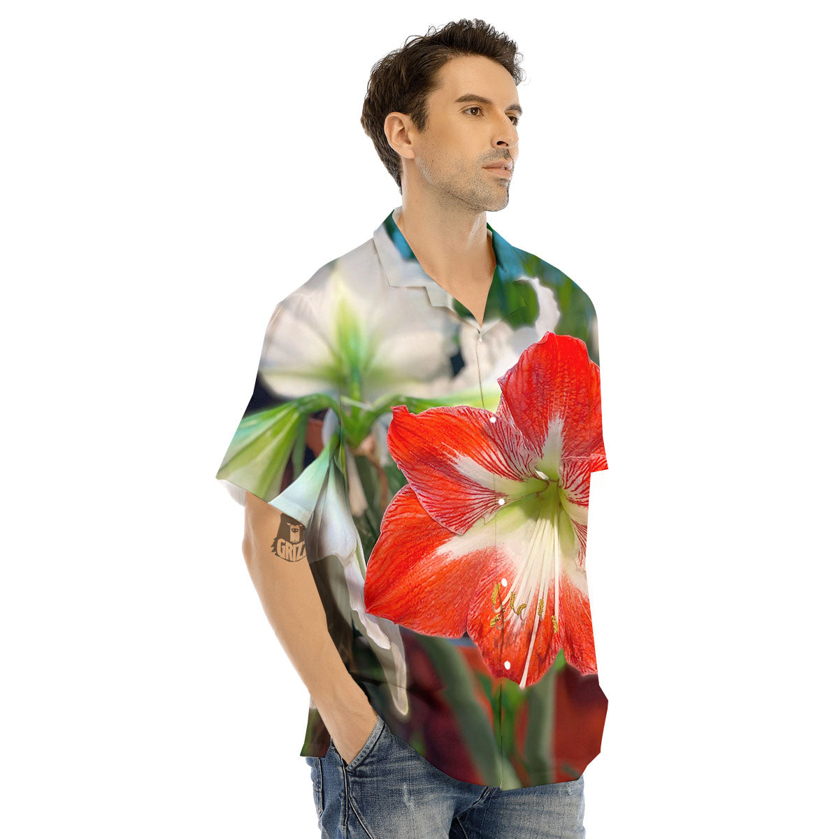 Amaryllis White And Red Print Men's Hawaiian Shirt-grizzshop