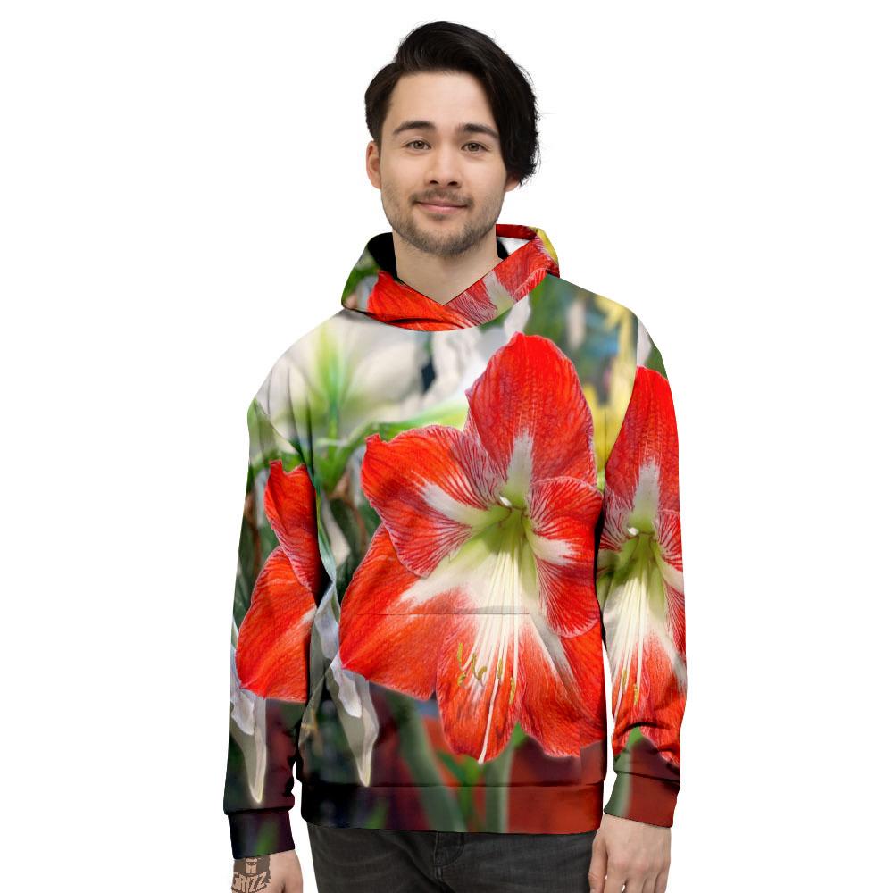 Amaryllis White And Red Print Men's Hoodie-grizzshop