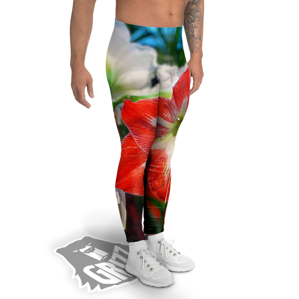 Amaryllis White And Red Print Men's Leggings-grizzshop