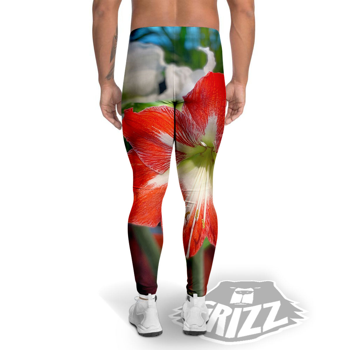 Amaryllis White And Red Print Men's Leggings-grizzshop