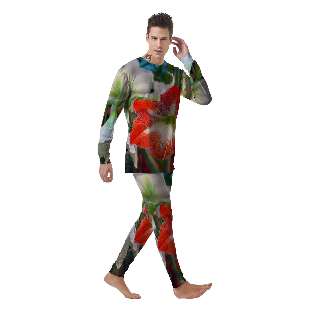 Amaryllis White And Red Print Men's Pajamas-grizzshop