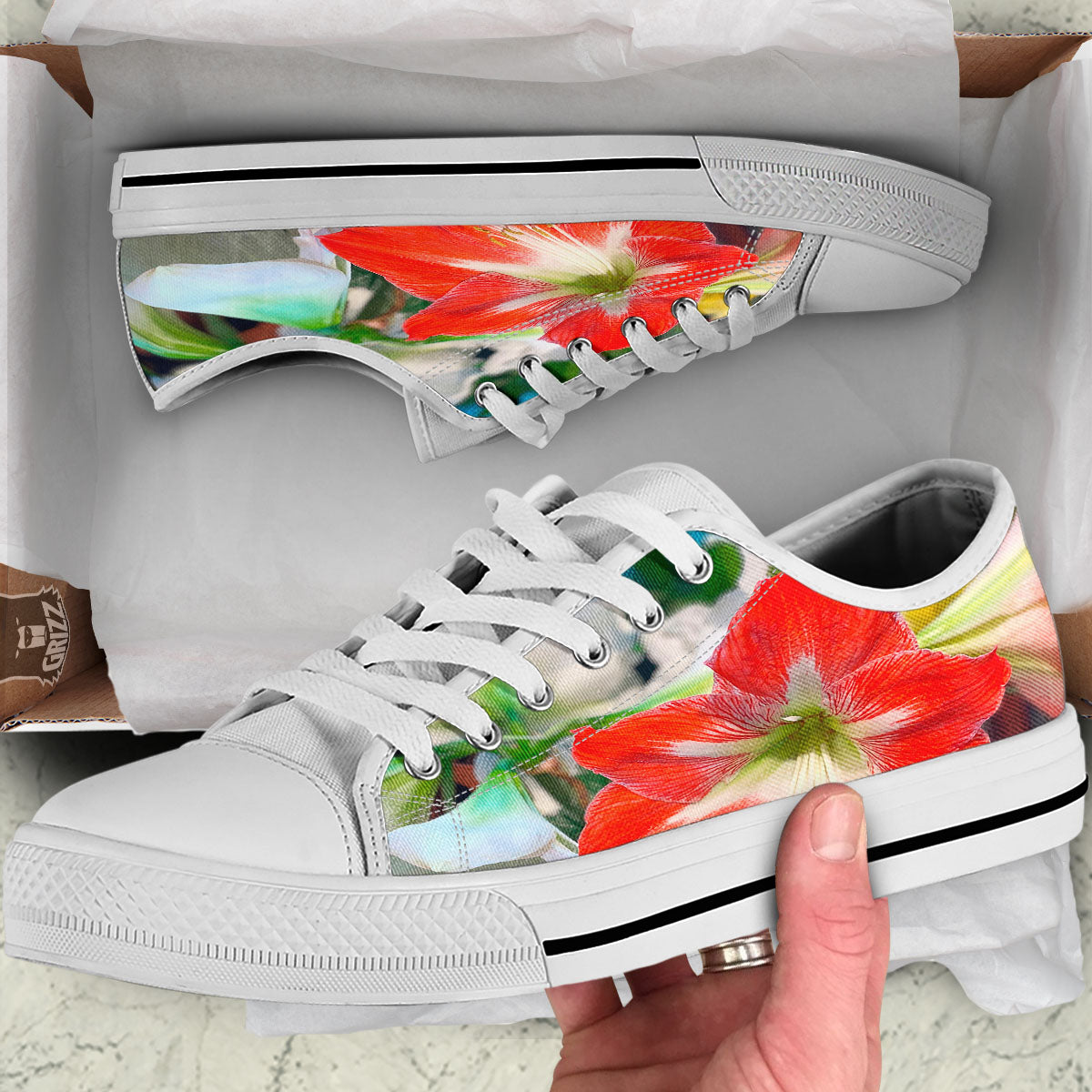 Amaryllis White And Red Print White Low Top Shoes-grizzshop