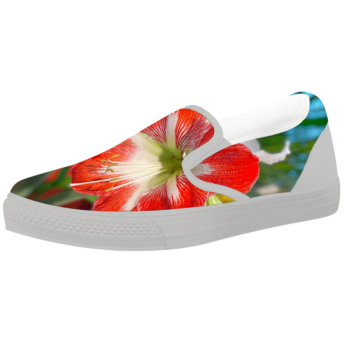 Amaryllis White And Red Print White Slip On Shoes-grizzshop