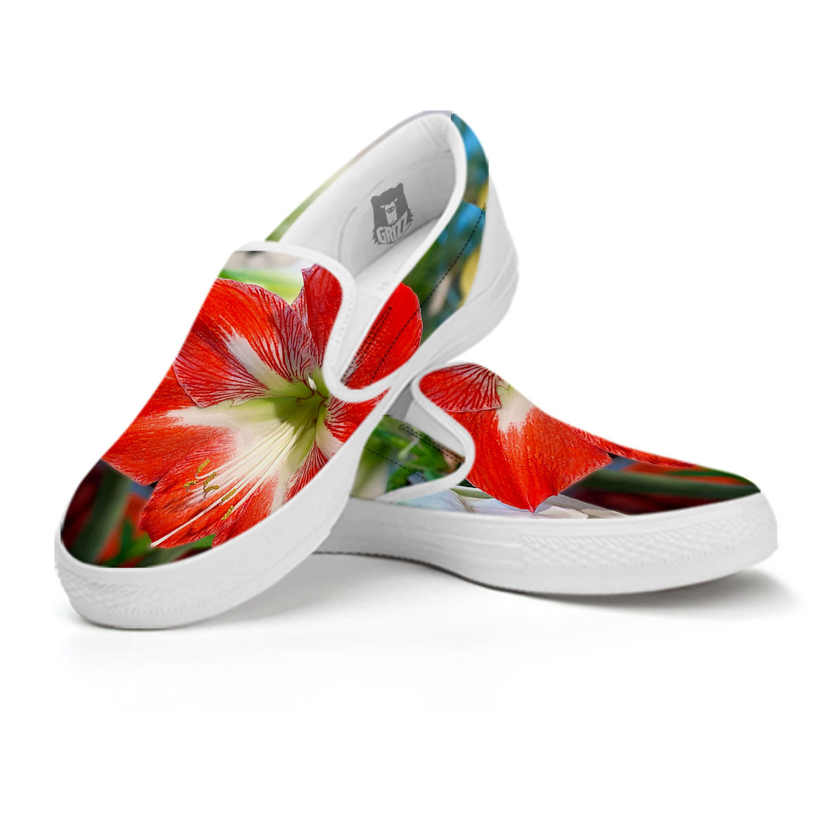 Amaryllis White And Red Print White Slip On Shoes-grizzshop
