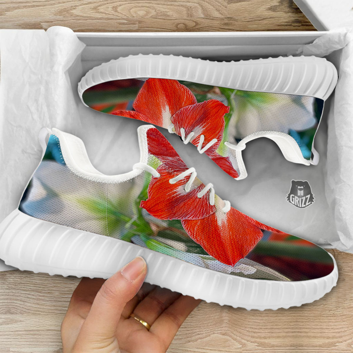 Amaryllis White And Red Print White Walking Shoes-grizzshop