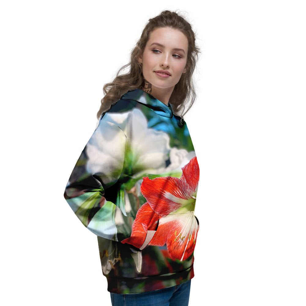 Amaryllis White And Red Print Women's Hoodie-grizzshop
