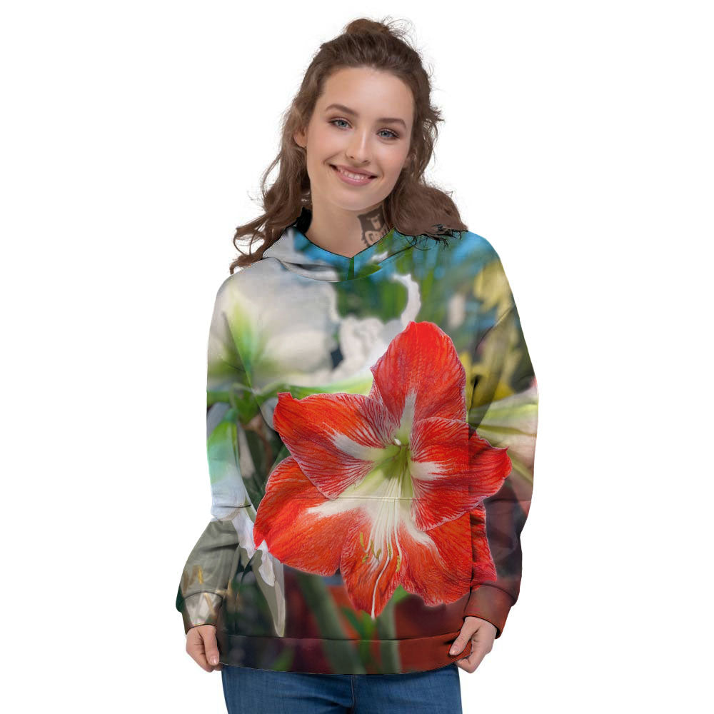 Amaryllis White And Red Print Women's Hoodie-grizzshop