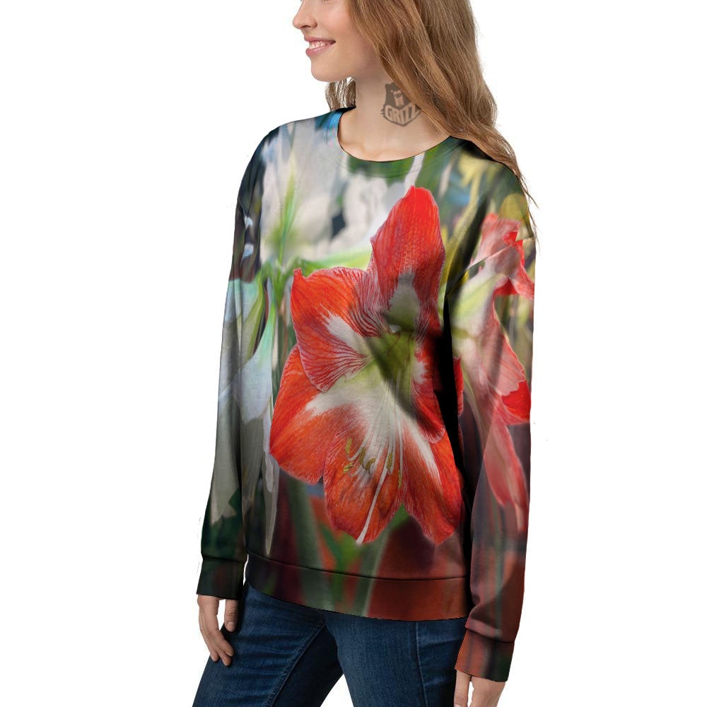 Amaryllis White And Red Print Women's Sweatshirt-grizzshop