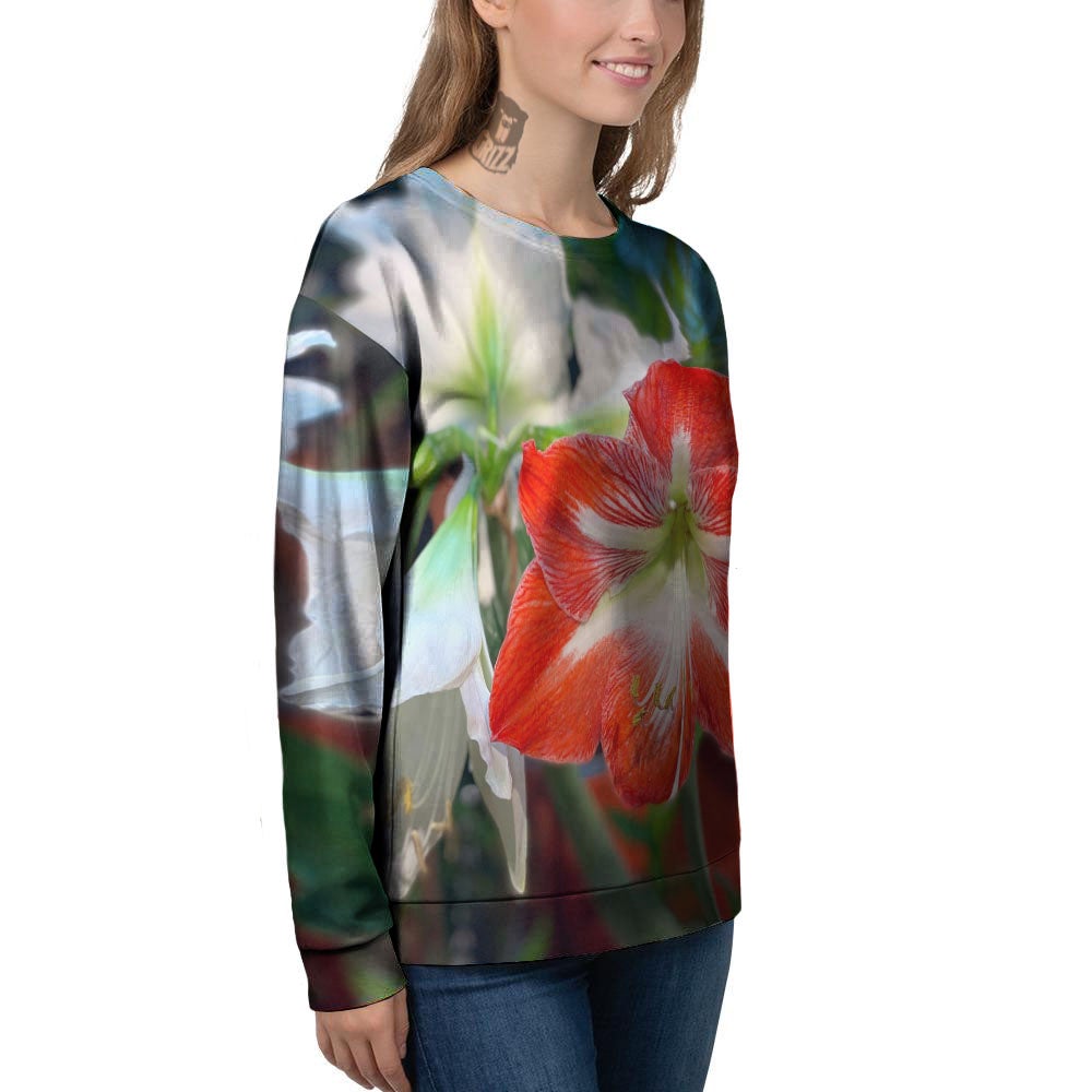 Amaryllis White And Red Print Women's Sweatshirt-grizzshop