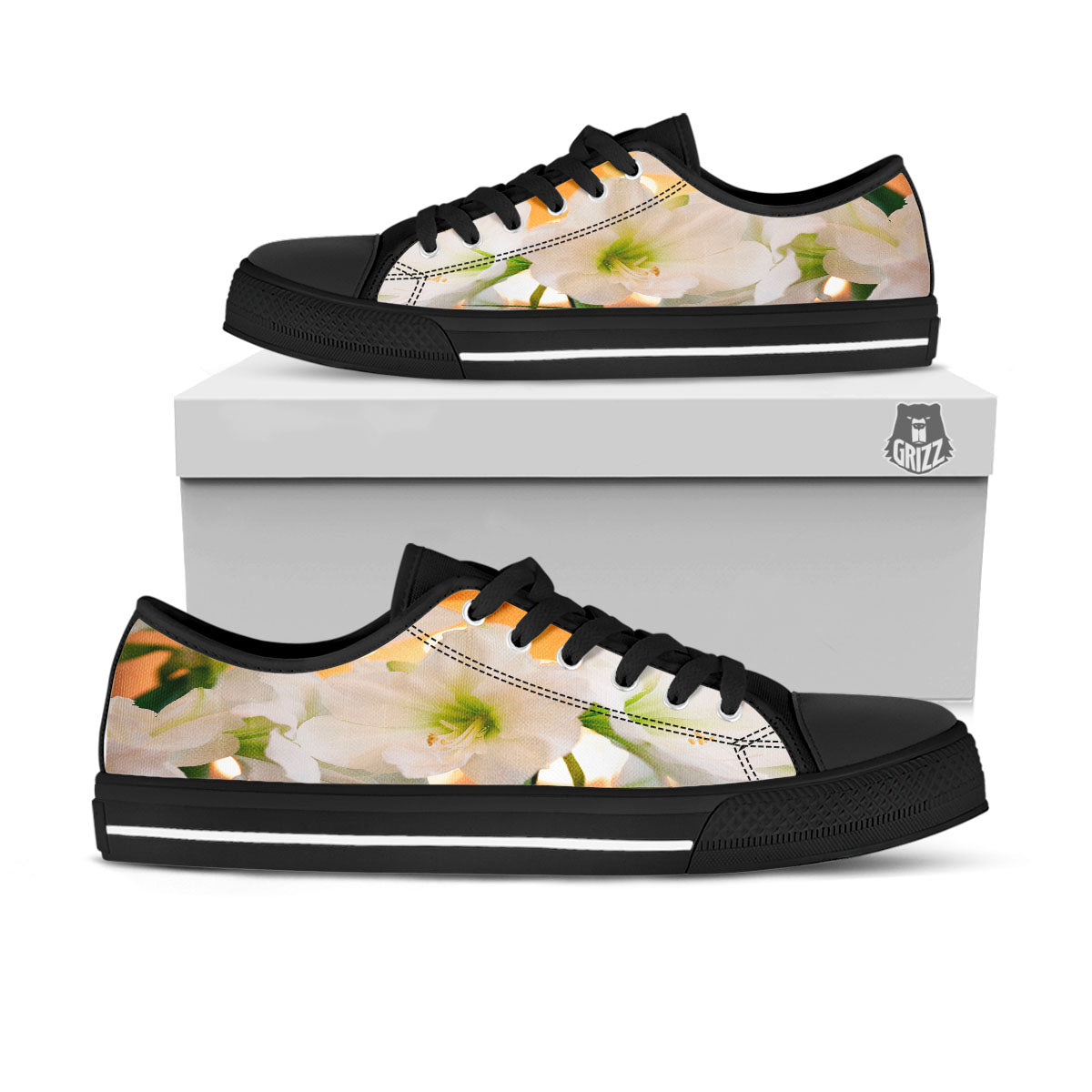 Amaryllis White Print Black Low Top Shoes-grizzshop