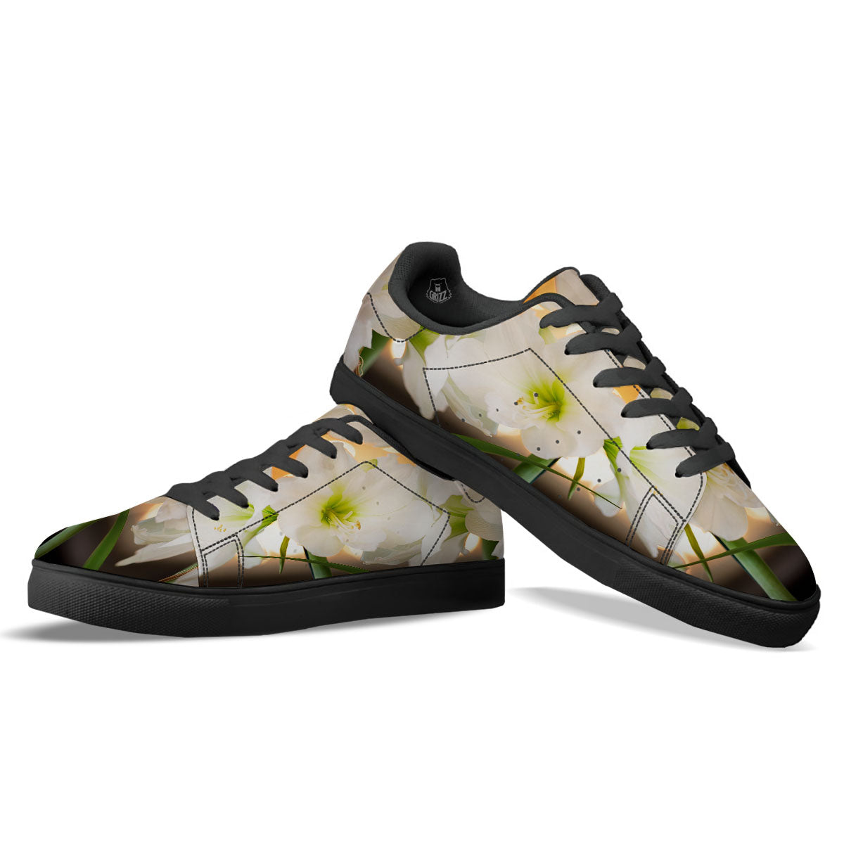 Amaryllis White Print Black Low Top Sneakers-grizzshop