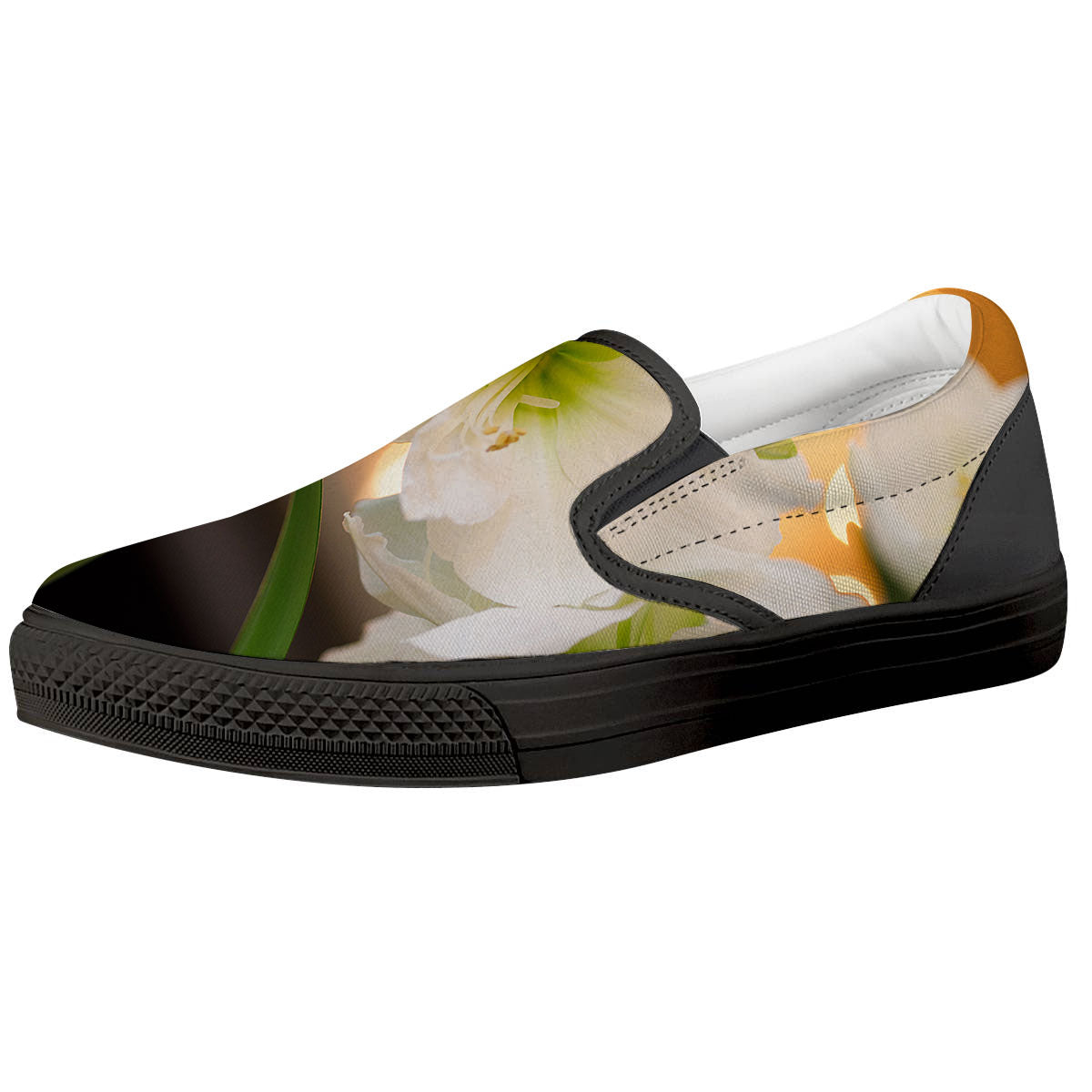 Amaryllis White Print Black Slip On Shoes-grizzshop