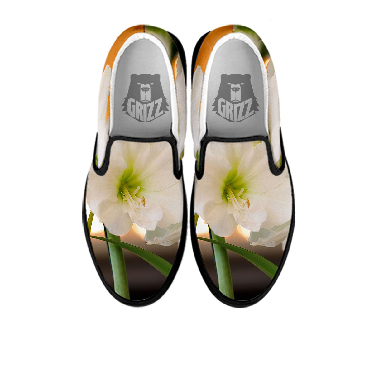 Amaryllis White Print Black Slip On Shoes-grizzshop