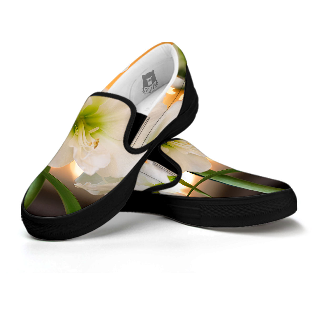 Amaryllis White Print Black Slip On Shoes-grizzshop