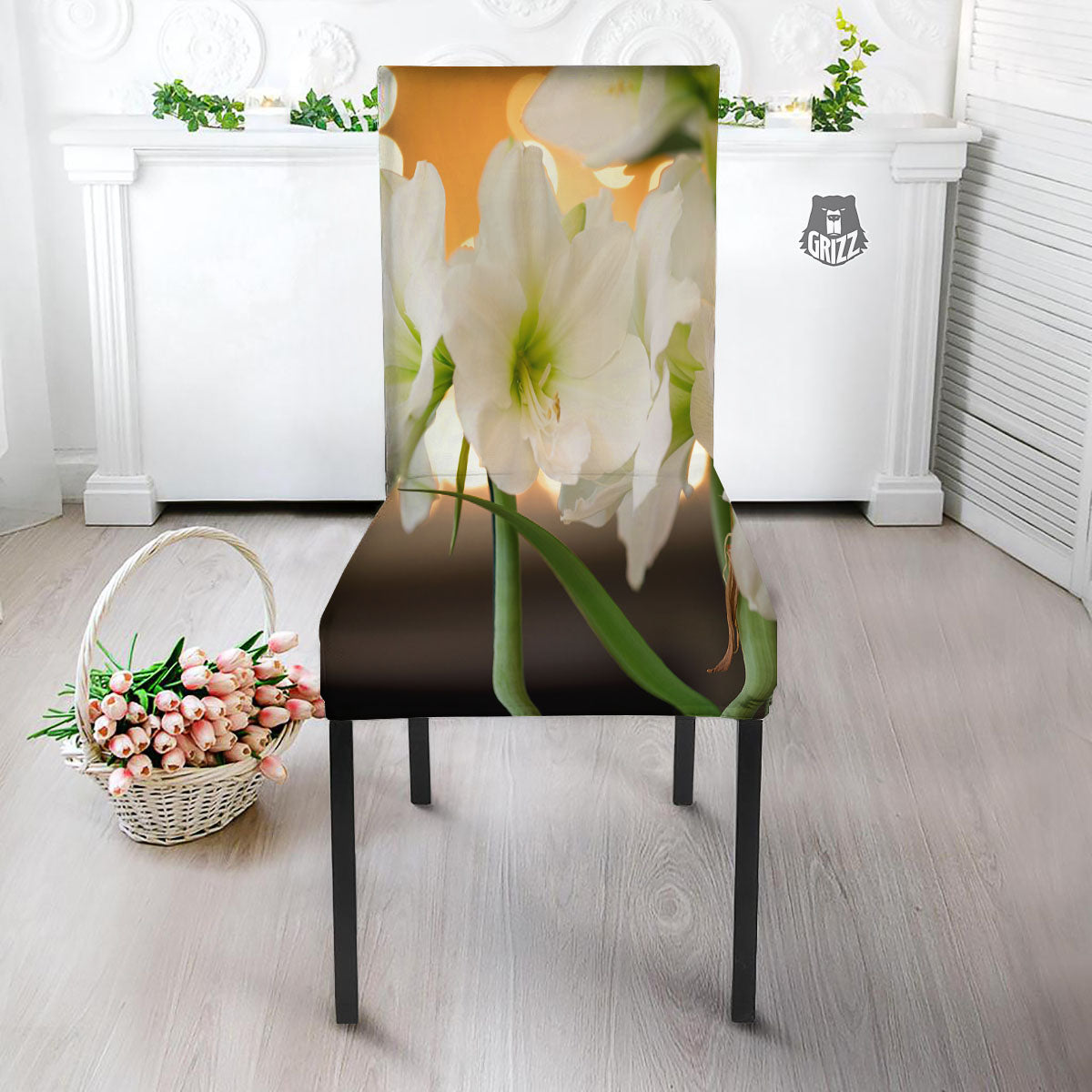 Amaryllis White Print Dining Chair Slipcover-grizzshop