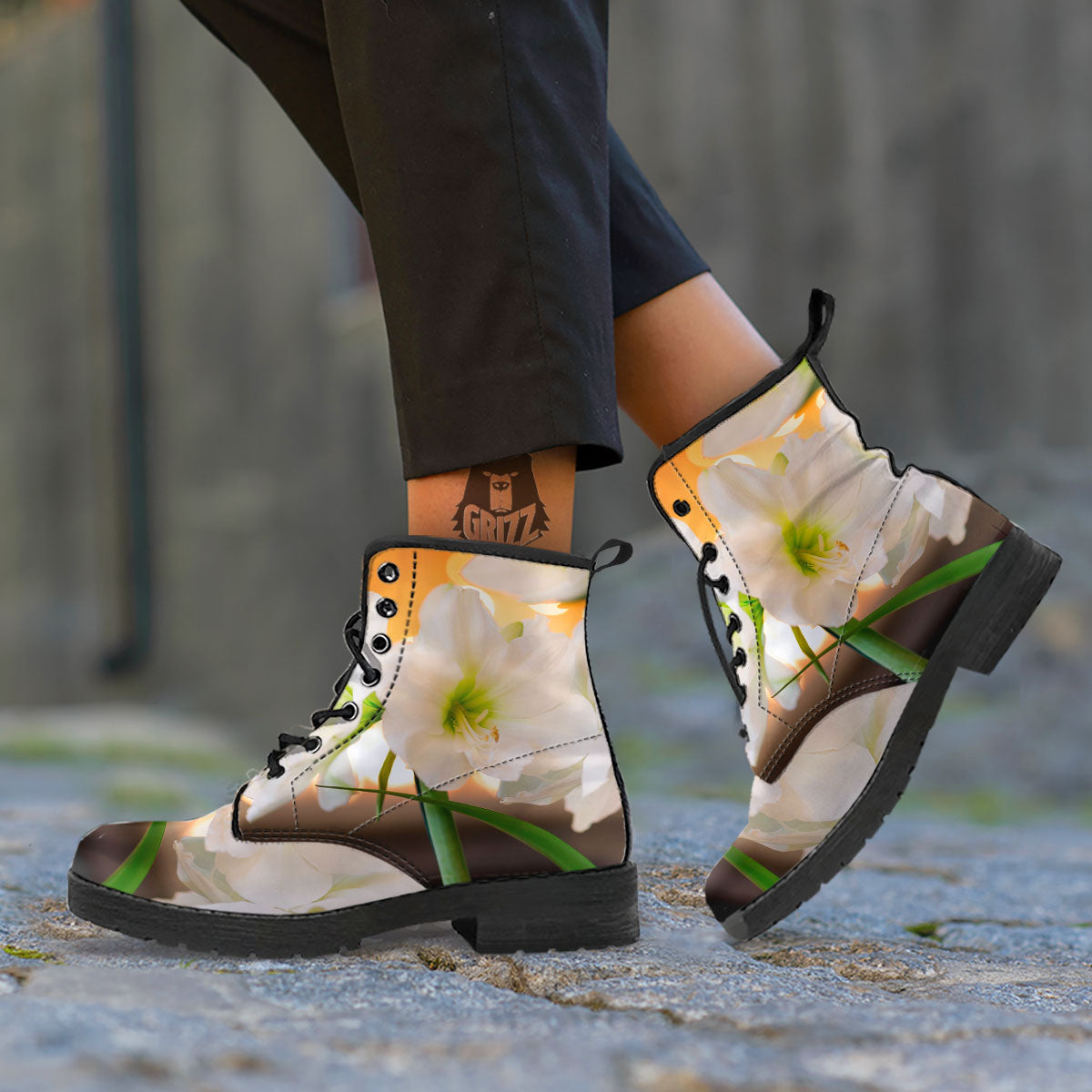 Amaryllis White Print Leather Boots-grizzshop