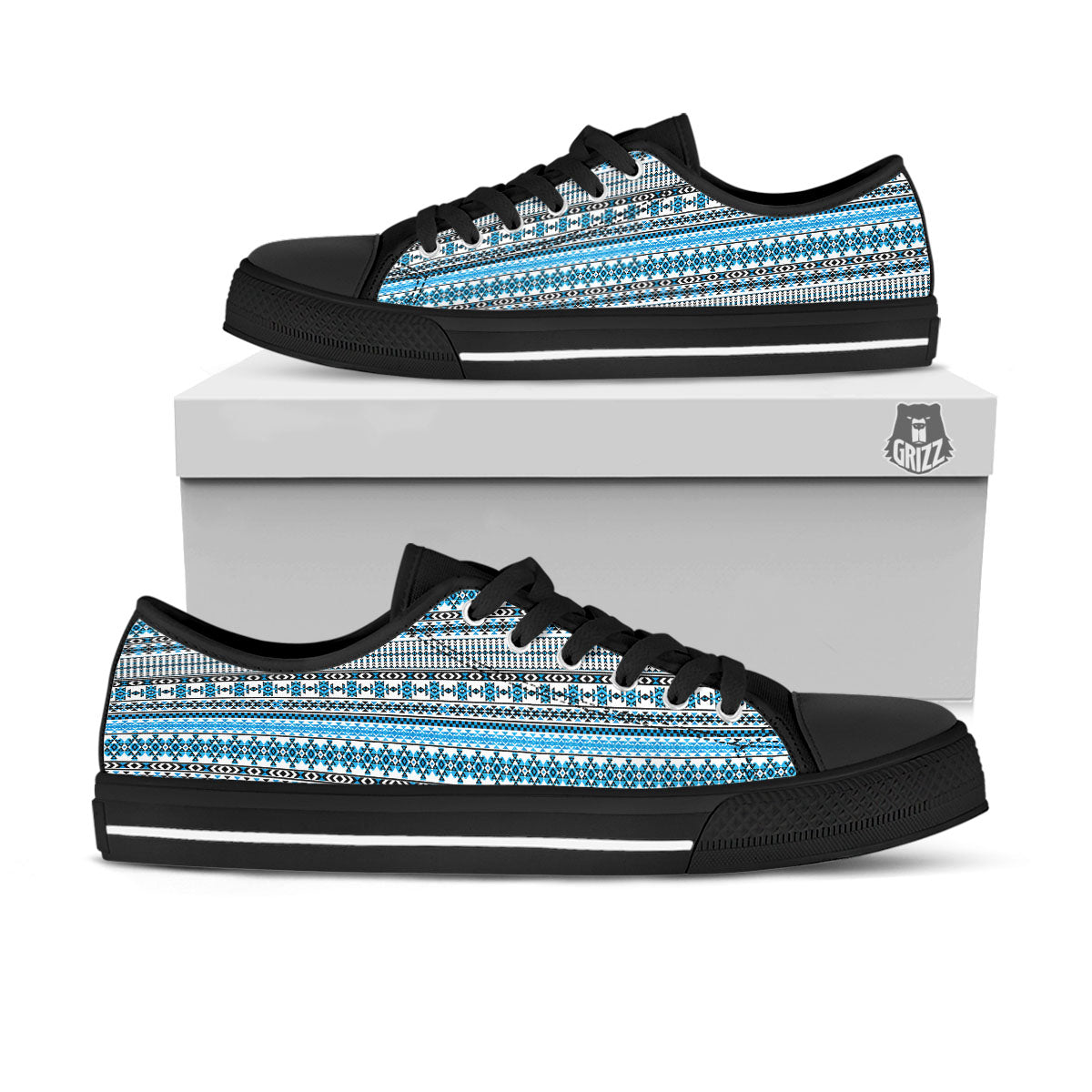 American Aztec Blue Native Print Pattern Black Low Top Shoes-grizzshop