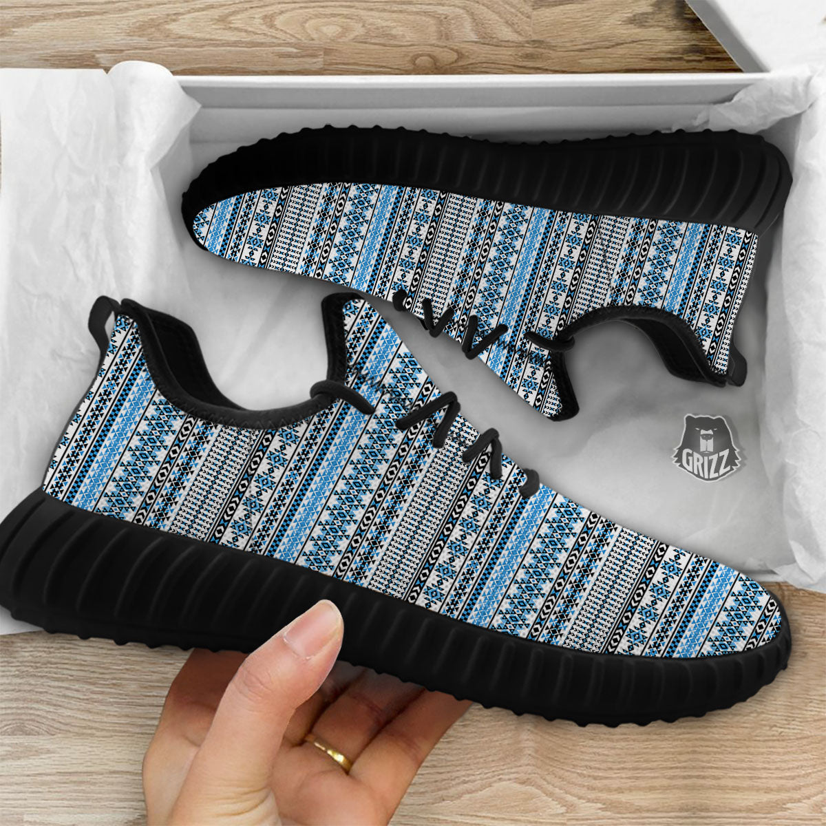 American Aztec Blue Native Print Pattern Black Walking Shoes-grizzshop