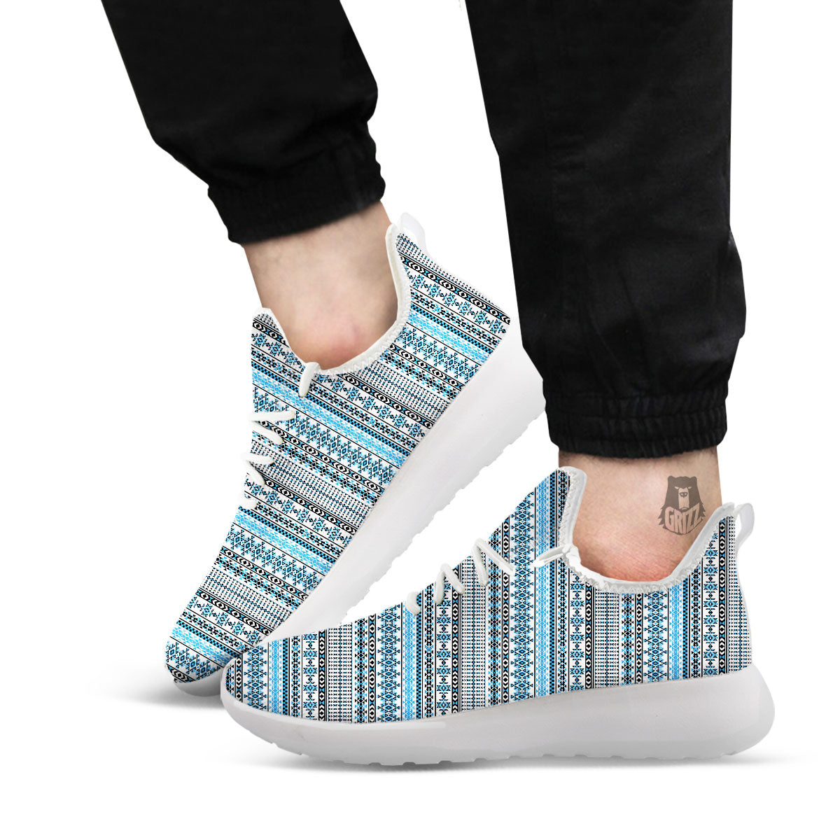 American Aztec Blue Native Print Pattern White Athletic Shoes-grizzshop