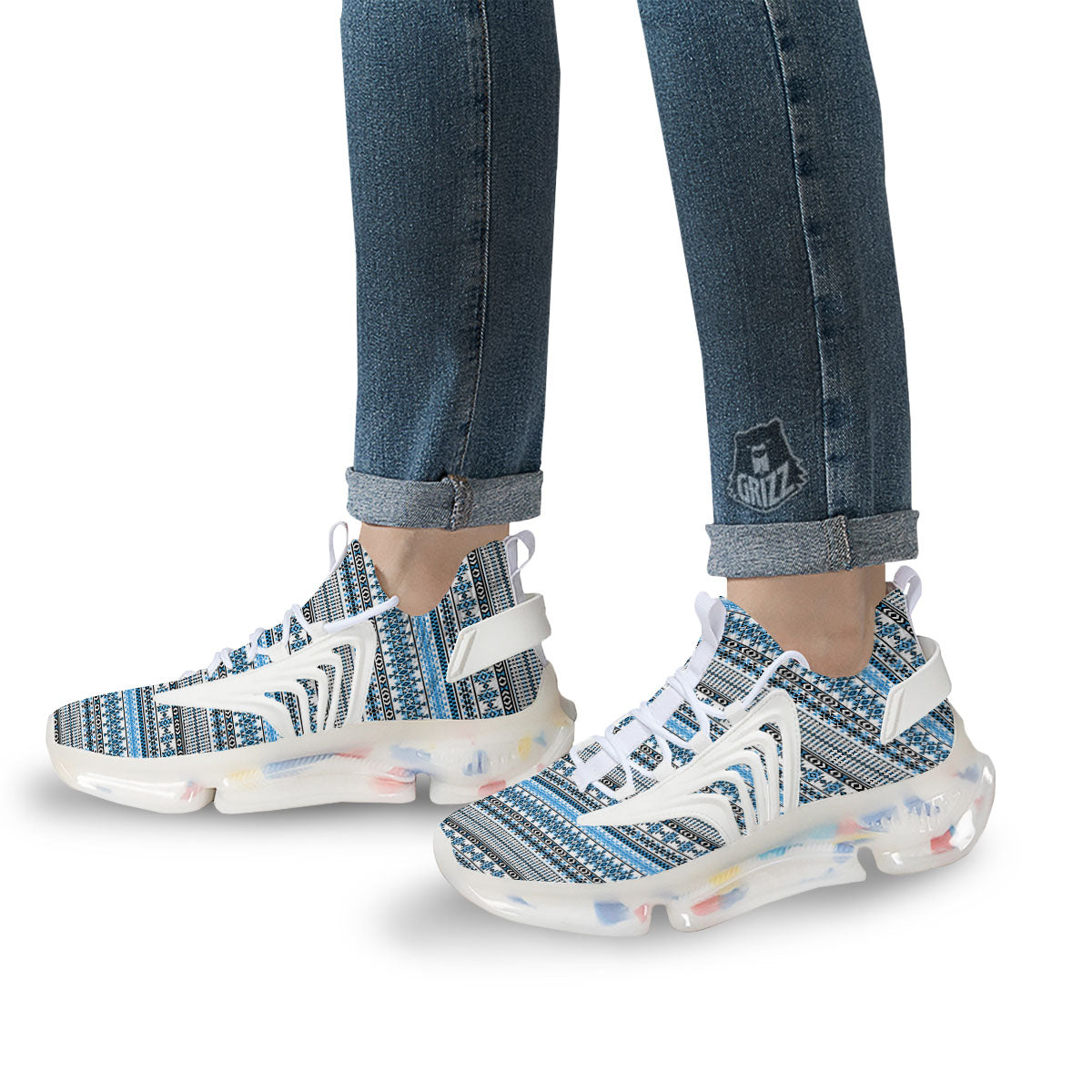 American Aztec Blue Native Print Pattern White Gym Shoes-grizzshop