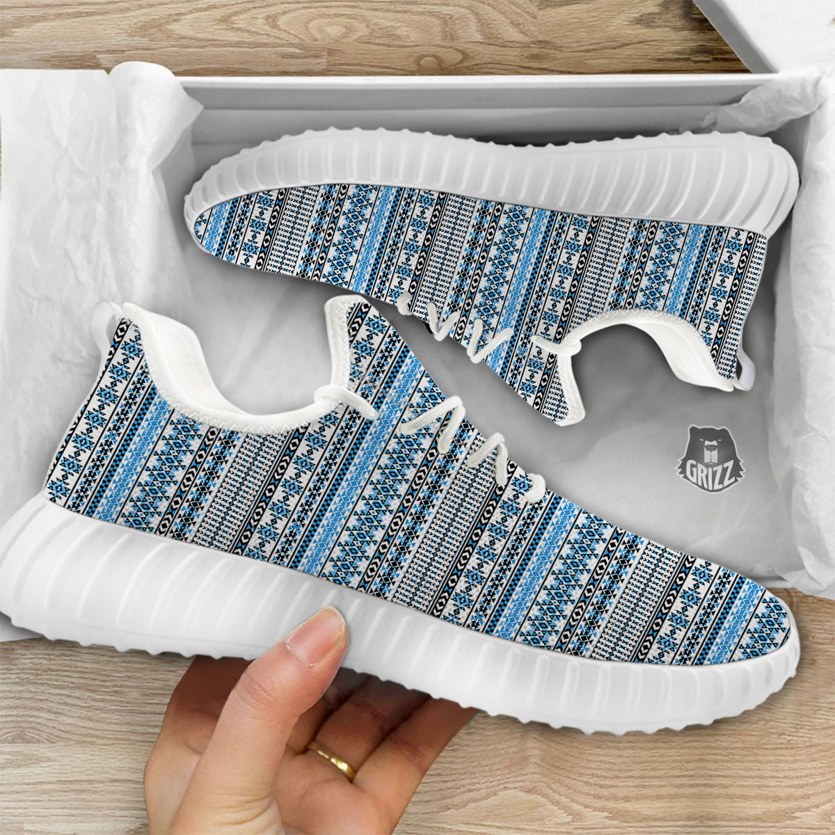 American Aztec Blue Native Print Pattern White Walking Shoes-grizzshop