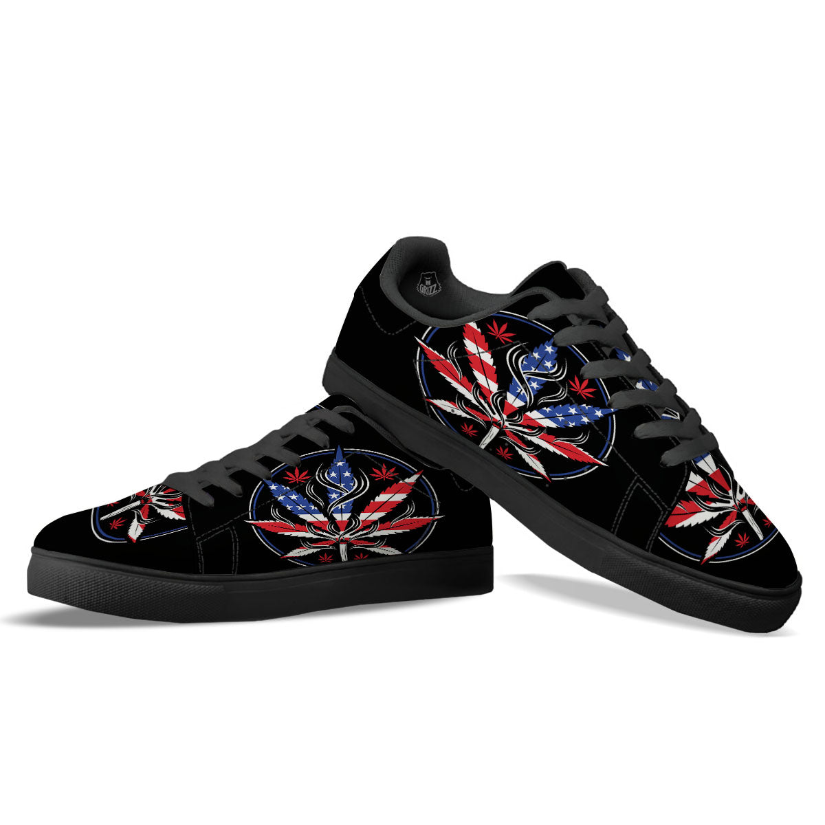 American Cannabis Leaf Flag Print Black Low Top Sneakers-grizzshop