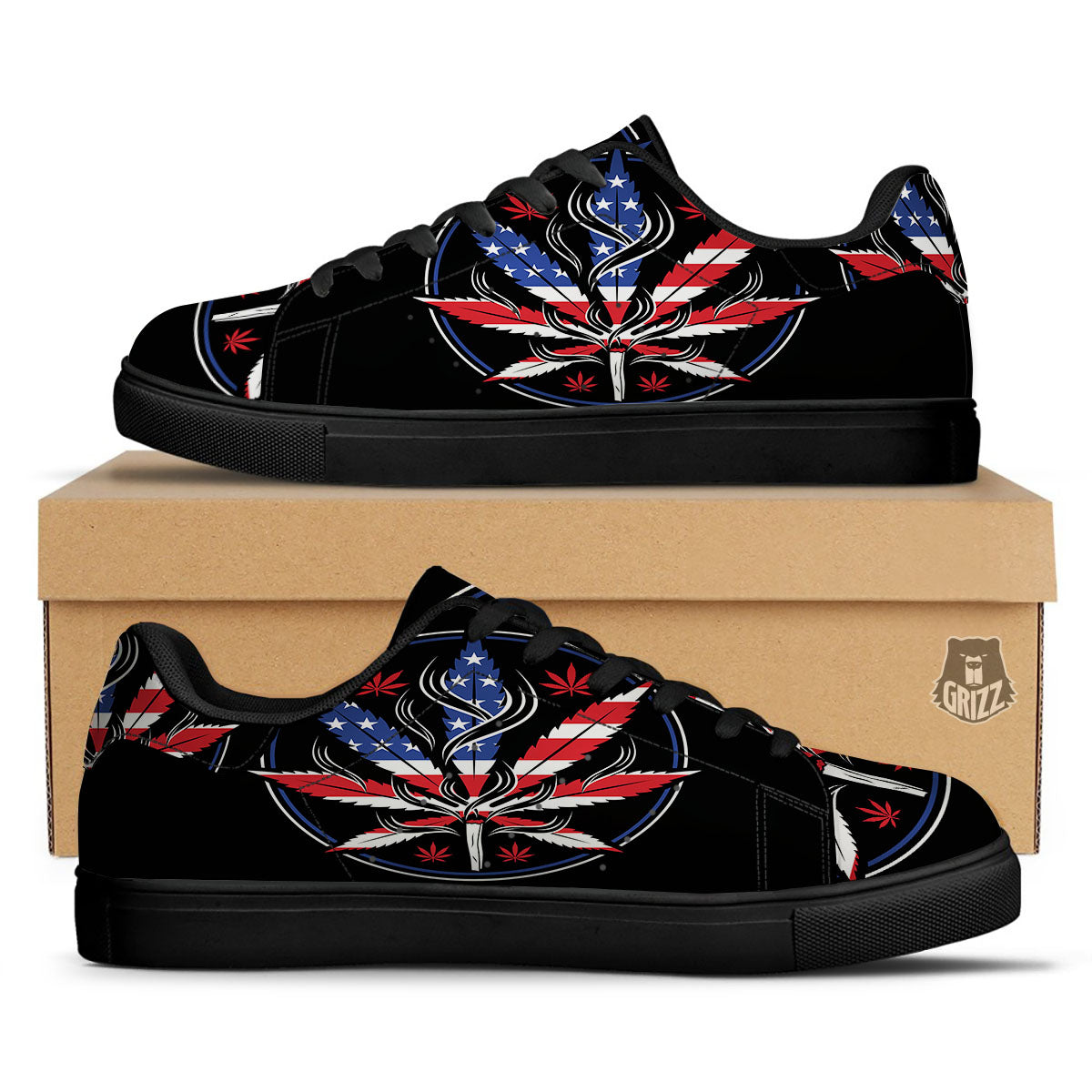 American Cannabis Leaf Flag Print Black Low Top Sneakers-grizzshop