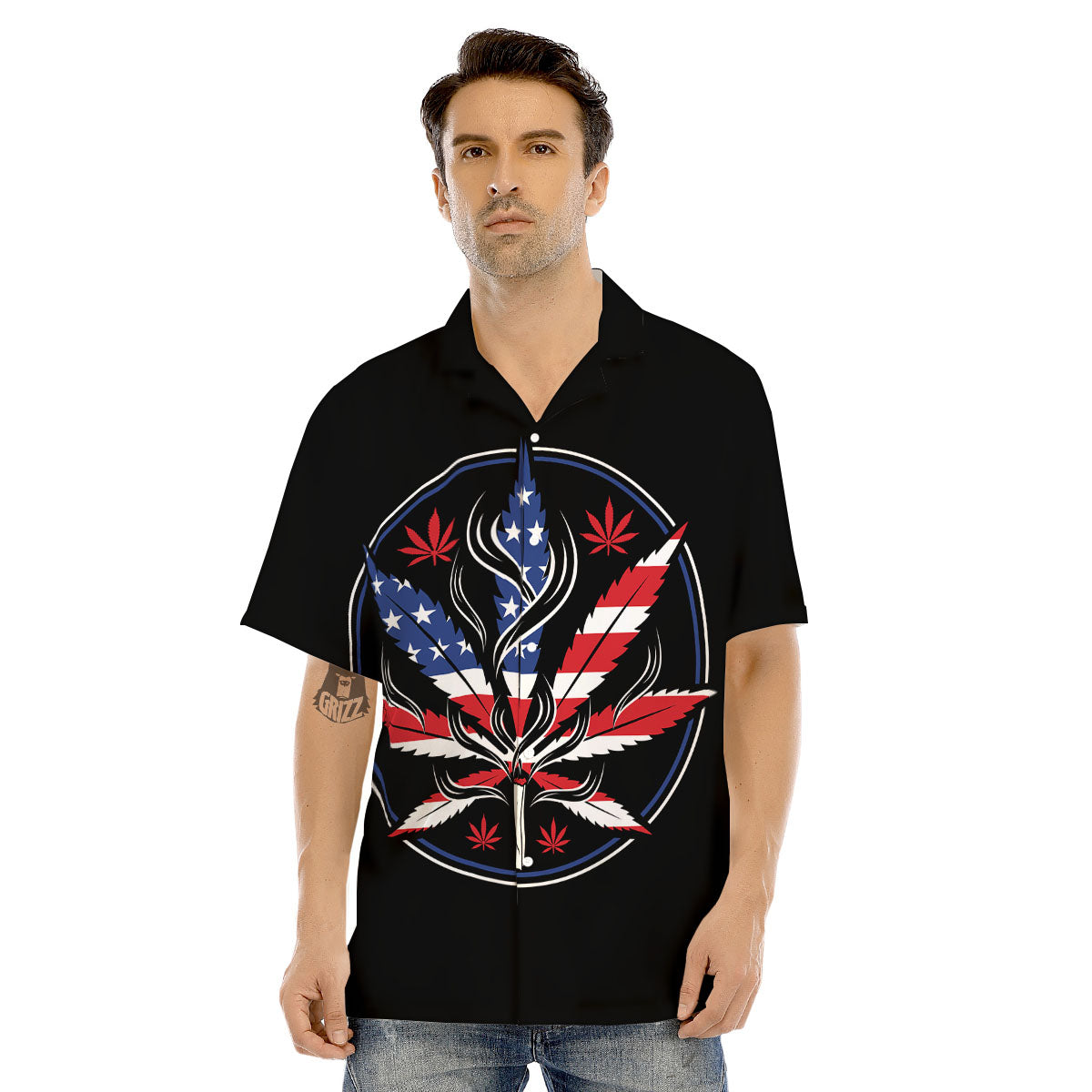 American Cannabis Leaf Flag Print Men's Hawaiian Shirt-grizzshop