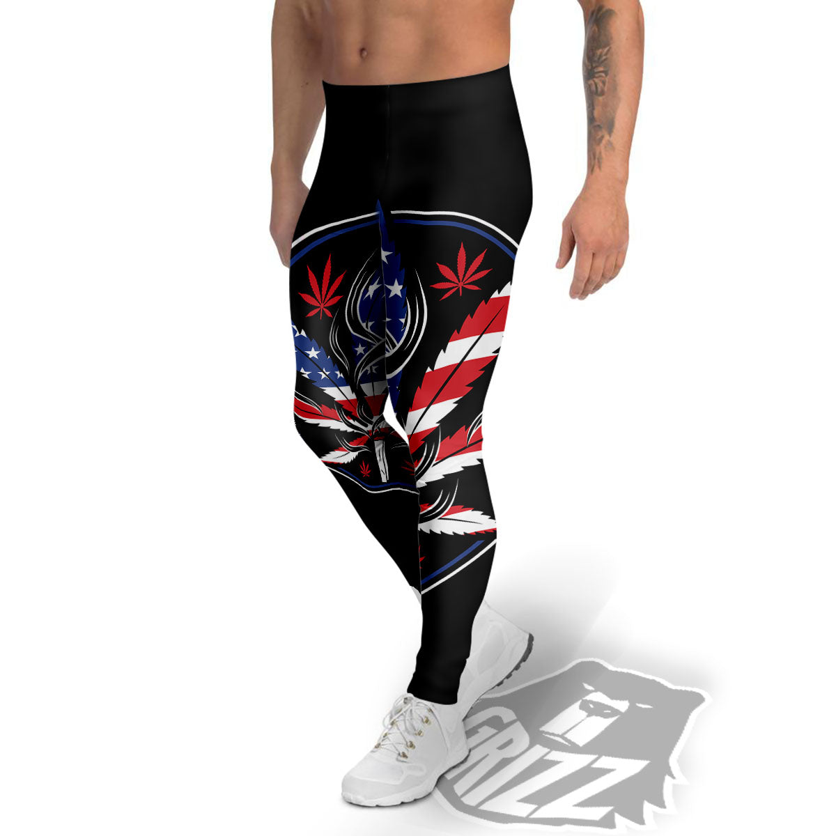 American Cannabis Leaf Flag Print Men's Leggings-grizzshop