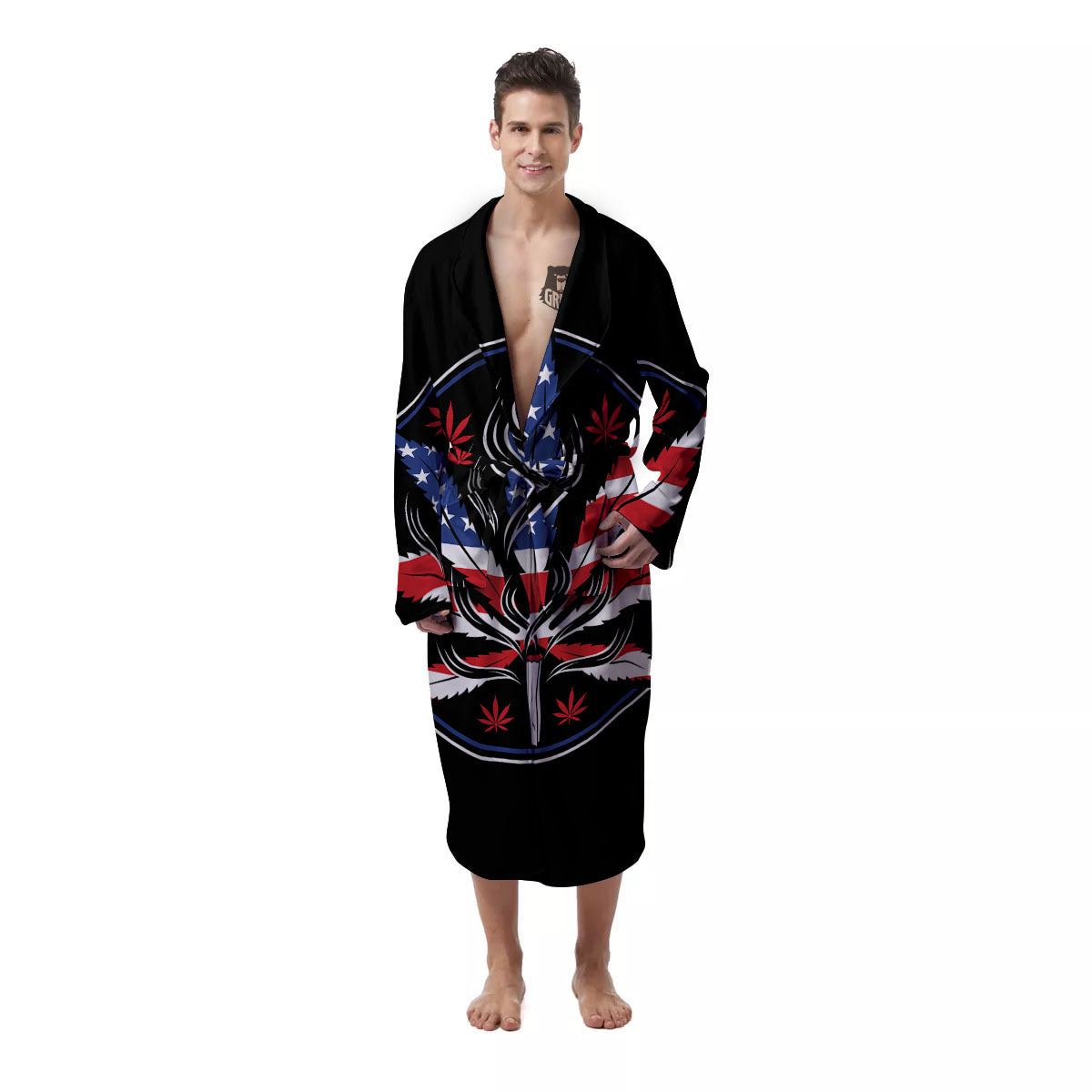 American Cannabis Leaf Flag Print Men's Robe-grizzshop