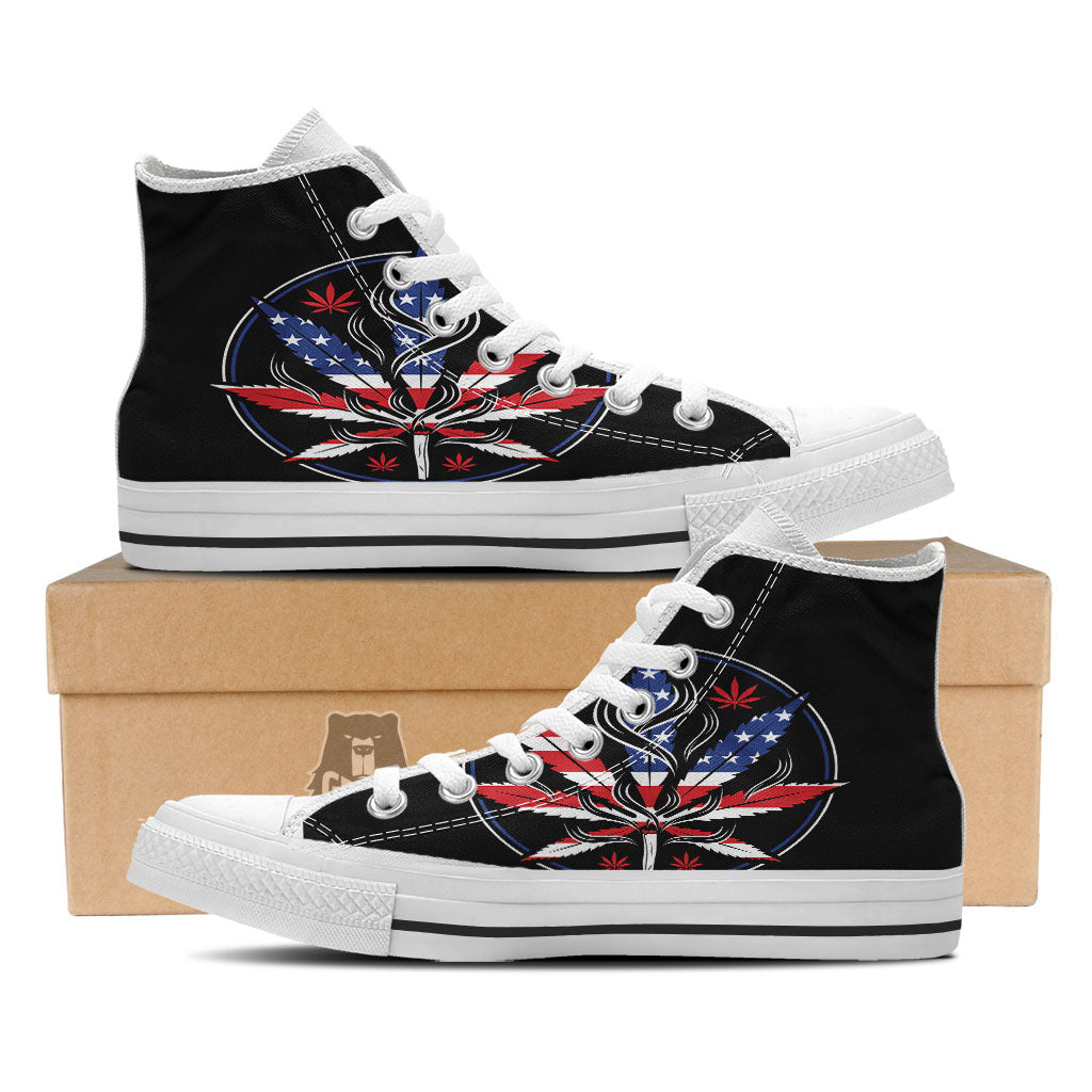 American Cannabis Leaf Flag Print White High Top Shoes-grizzshop