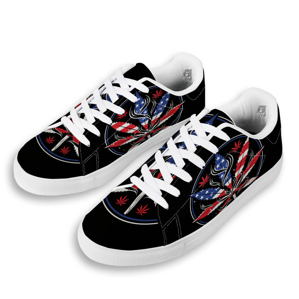 American Cannabis Leaf Flag Print White Low Top Sneakers-grizzshop