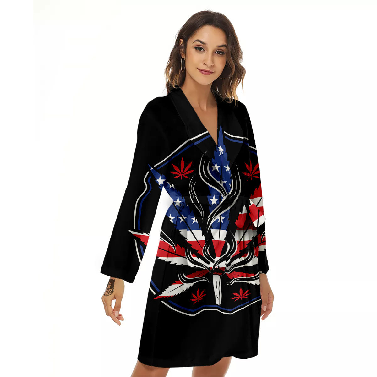 American Cannabis Leaf Flag Print Women's Robe-grizzshop
