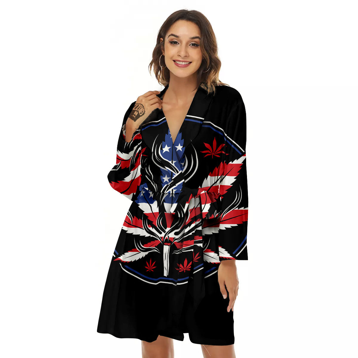 American Cannabis Leaf Flag Print Women's Robe-grizzshop
