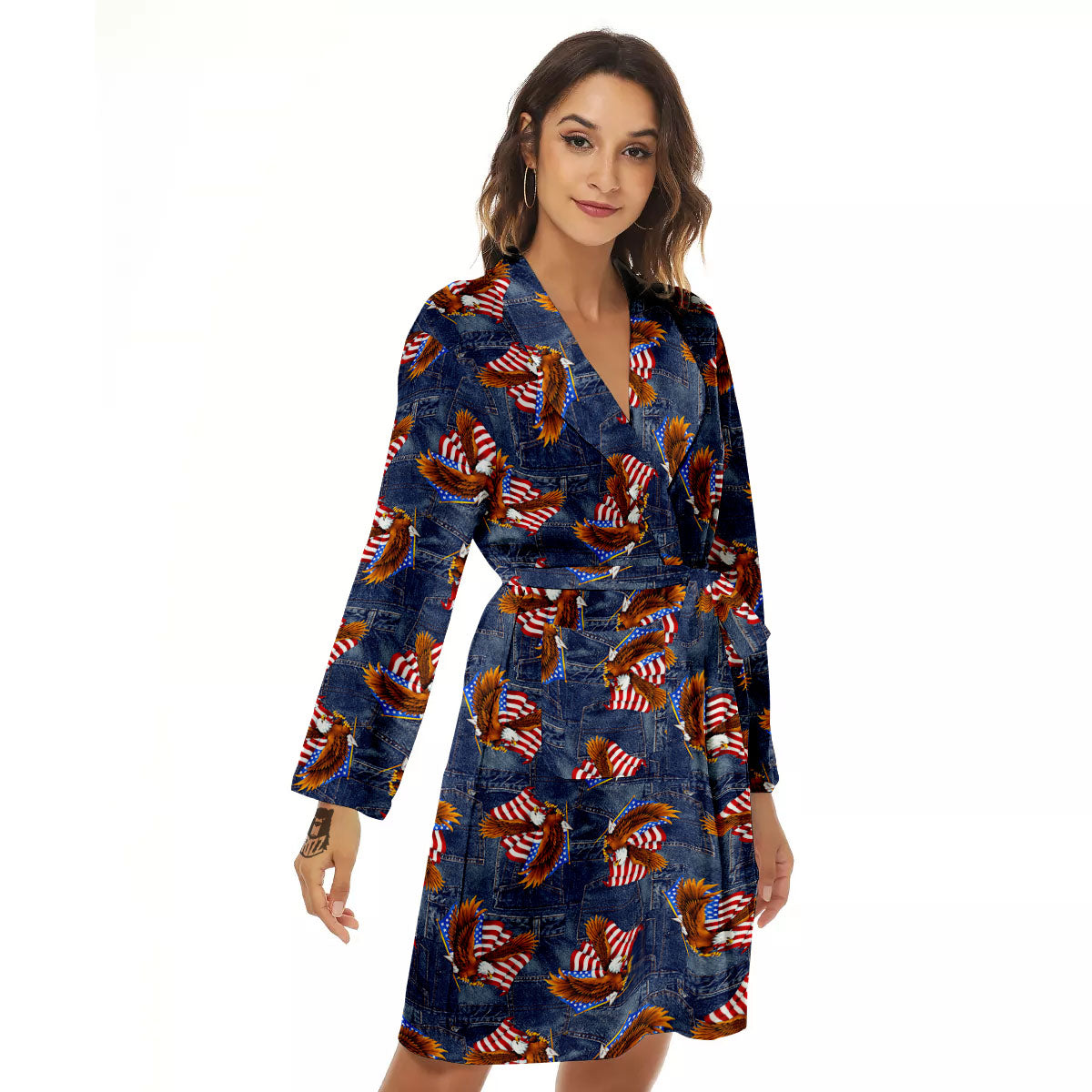 American Eagle Denim Print Pattern Women's Robe-grizzshop