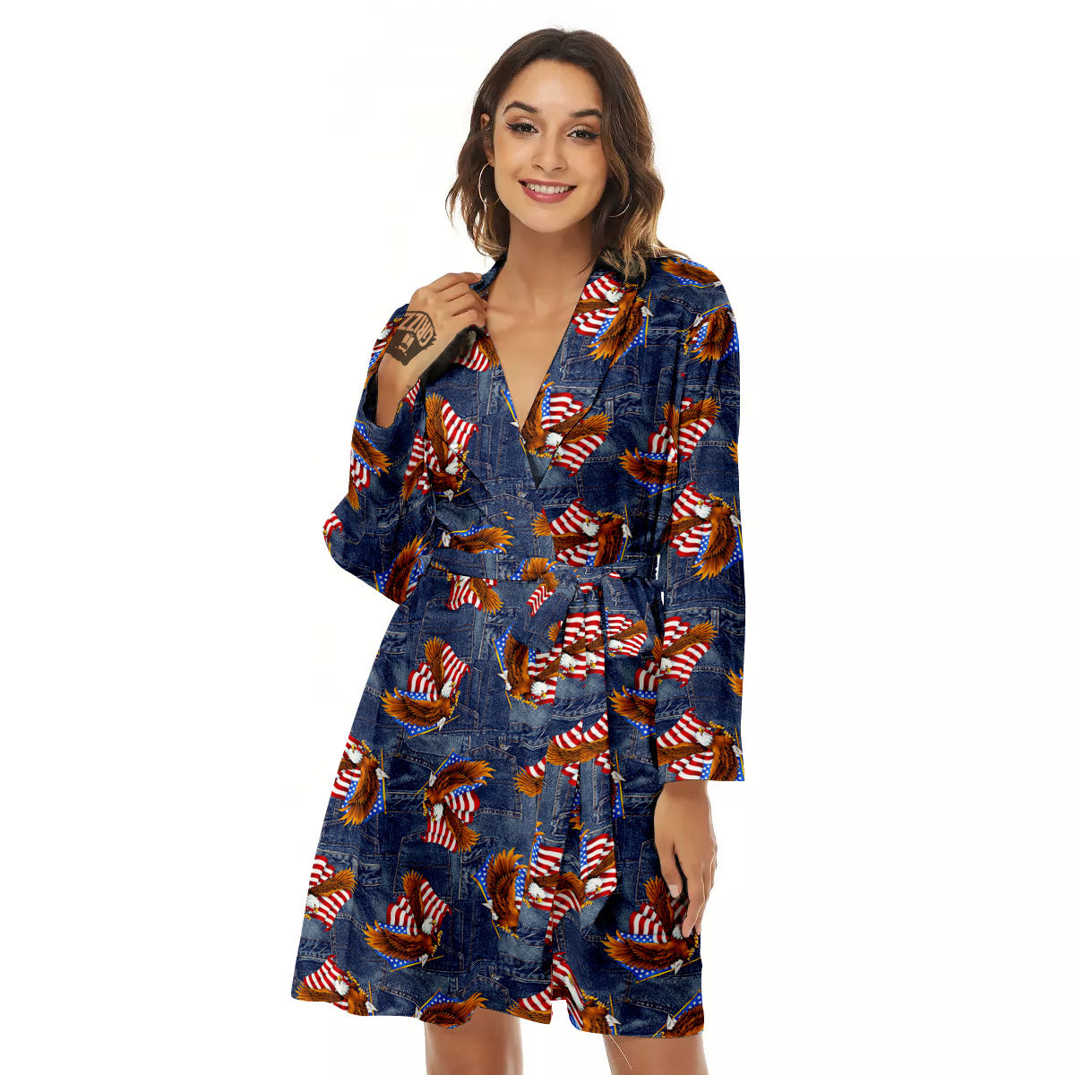 American Eagle Denim Print Pattern Women's Robe-grizzshop