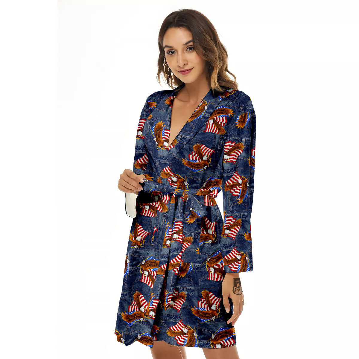 American Eagle Denim Print Pattern Women's Robe-grizzshop