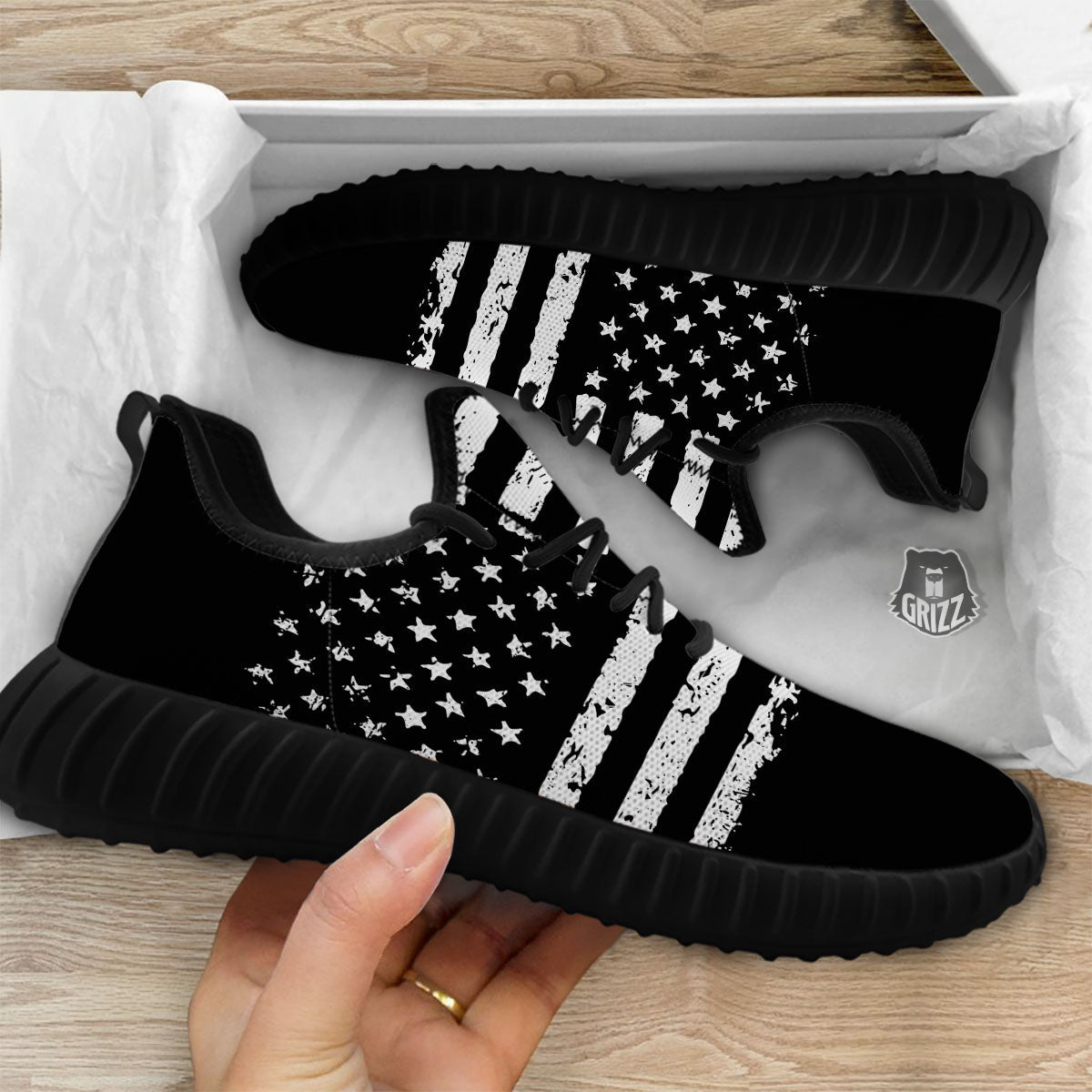 American Flag Black Print Black Walking Shoes-grizzshop