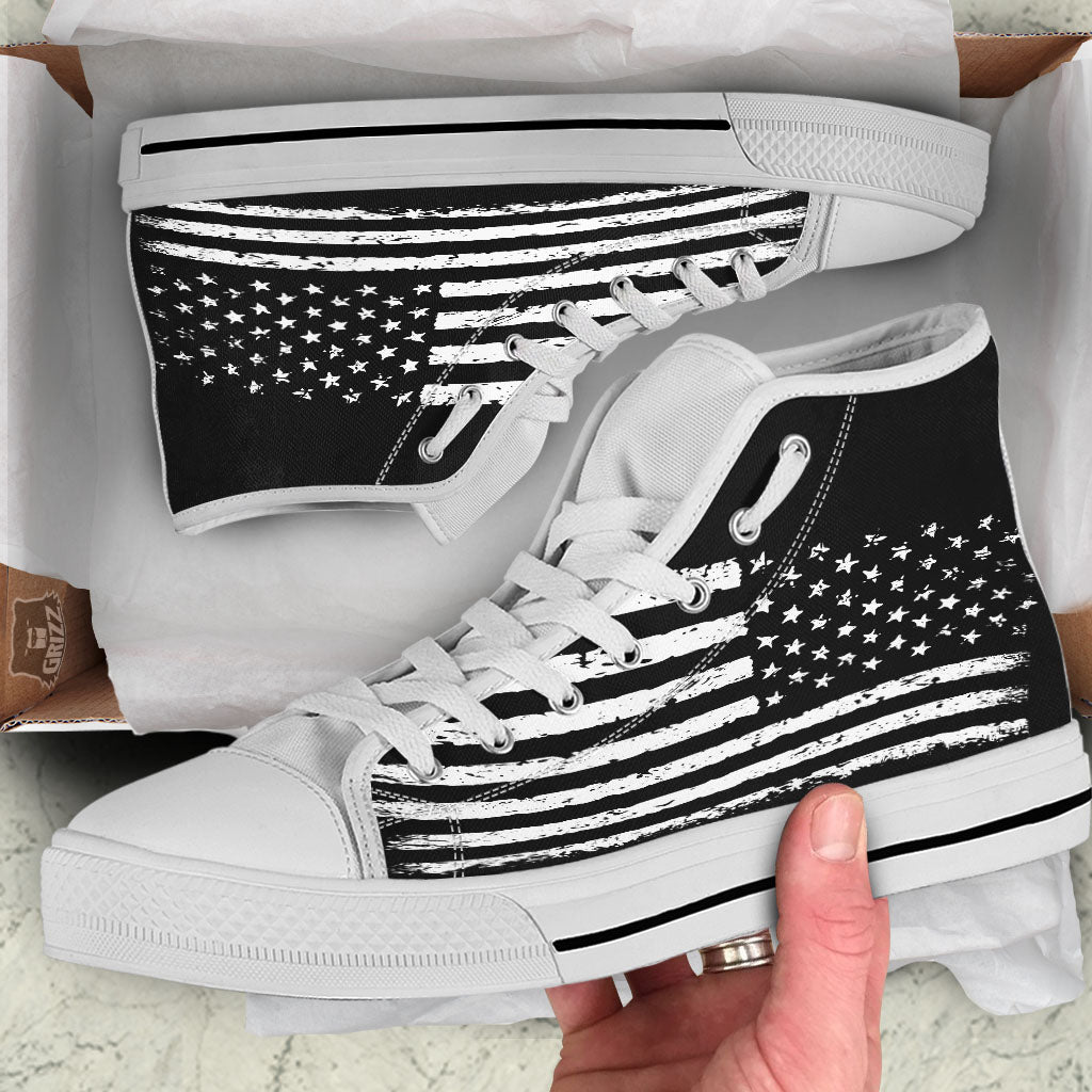 American Flag Black Print White High Top Shoes-grizzshop