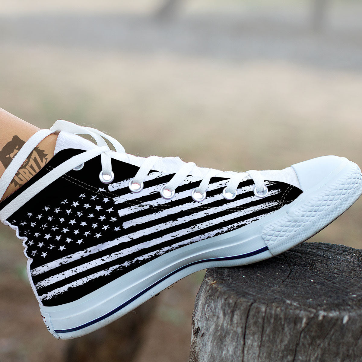 American Flag Black Print White High Top Shoes-grizzshop
